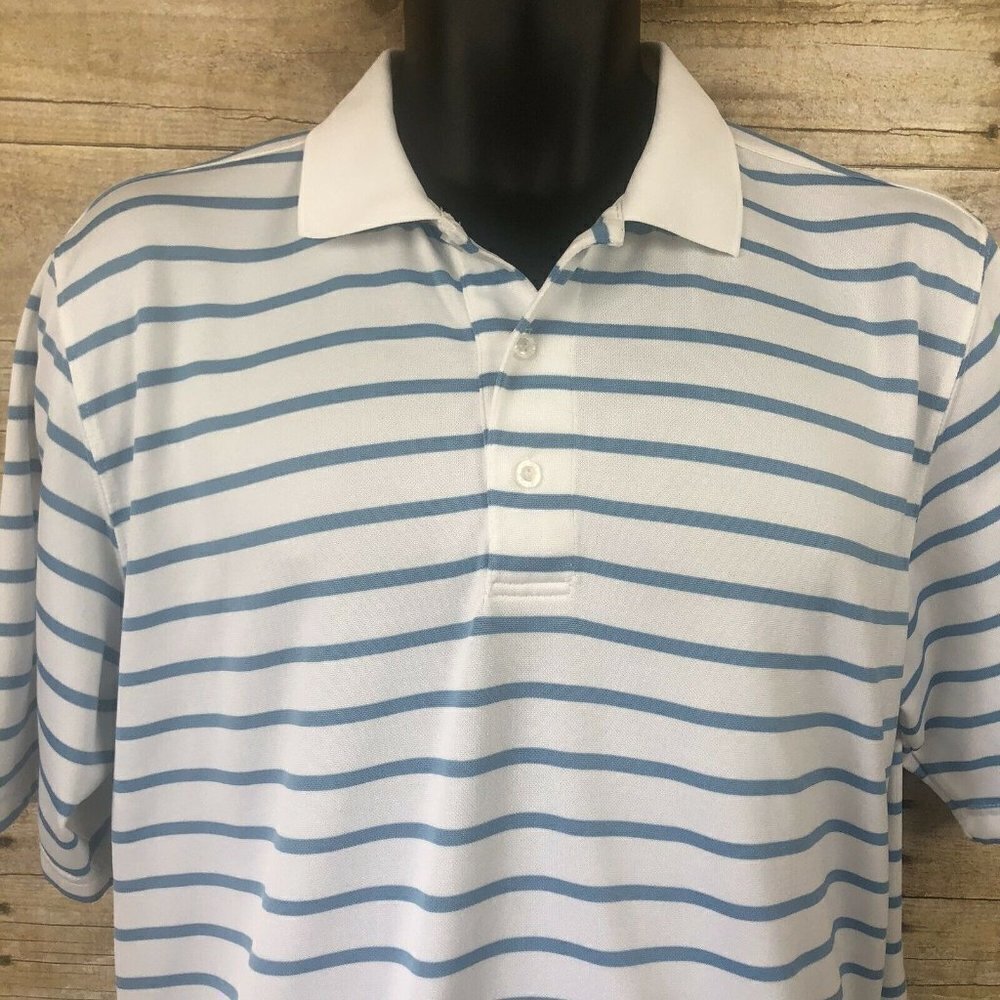 Arnold Palmer Polo Golf Shirt Medium White Blue Stripe Embroidered Umbrella Logo - Picture 2 of 9